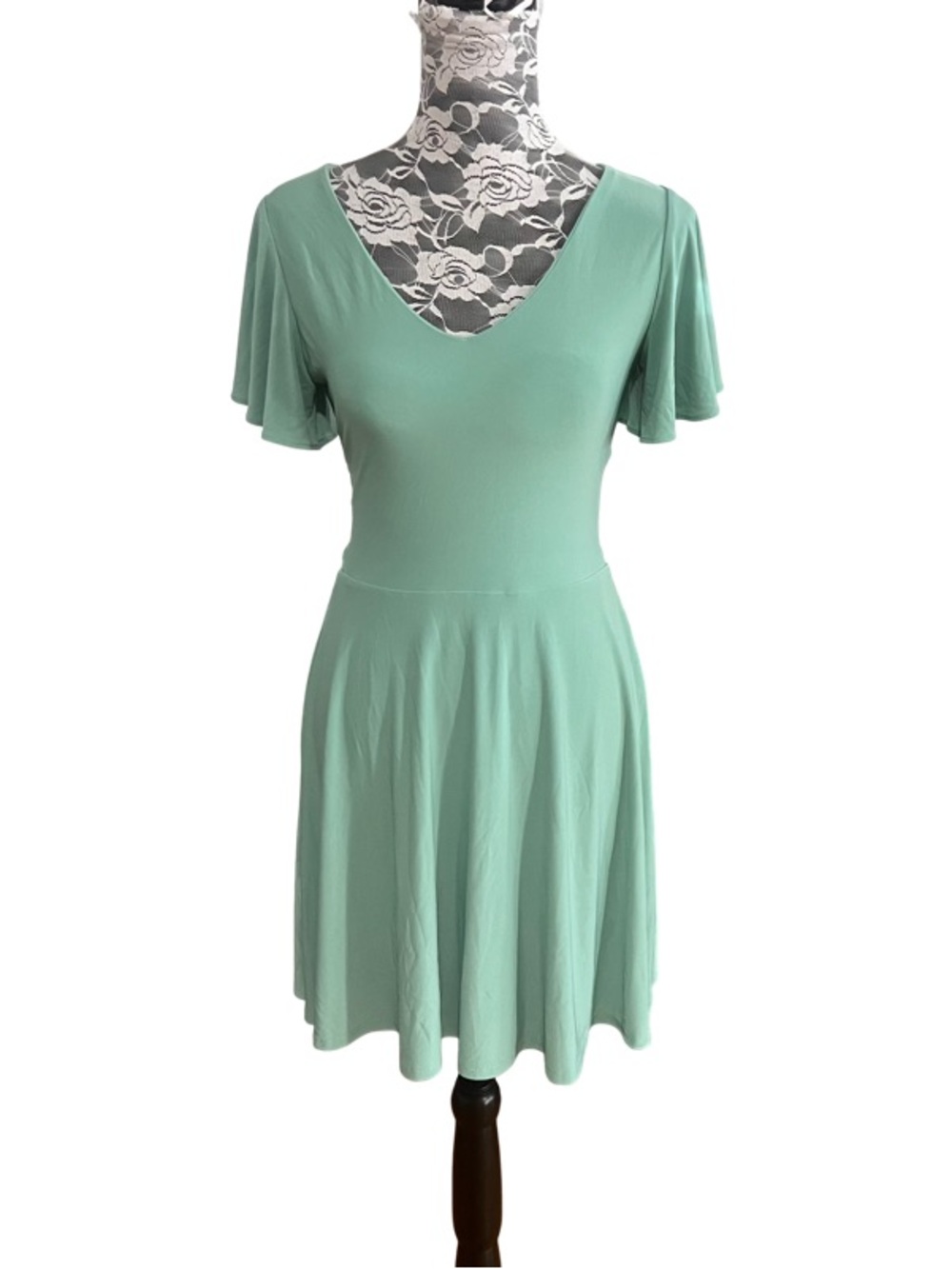 Scoop Neck Flutter Sleeve Mini Dress in Deep Sage Green Size M